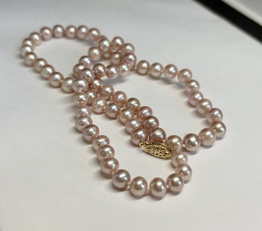 Genuine Pink Lavender Freshwater Pearl Necklace 6mm 14K Gold Clasp 17”